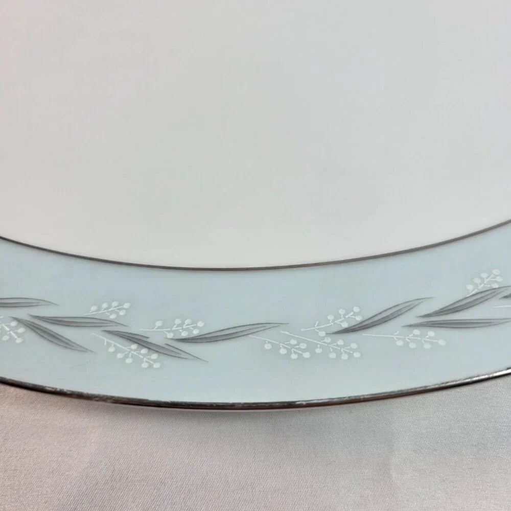 Noritake Sheldon Serving Platter 12 Inch White with Aqua Band and White Flowers